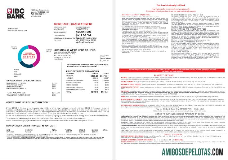 Declaração de empréstimo hipotecário do Texas IBC Bank dos EUA em formatos Word e PDF, 4 páginas 1 2 modelo